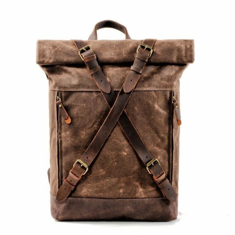 Waxed Canvas With Leather Trim Roll Top Backpack - Picture 2 of 8